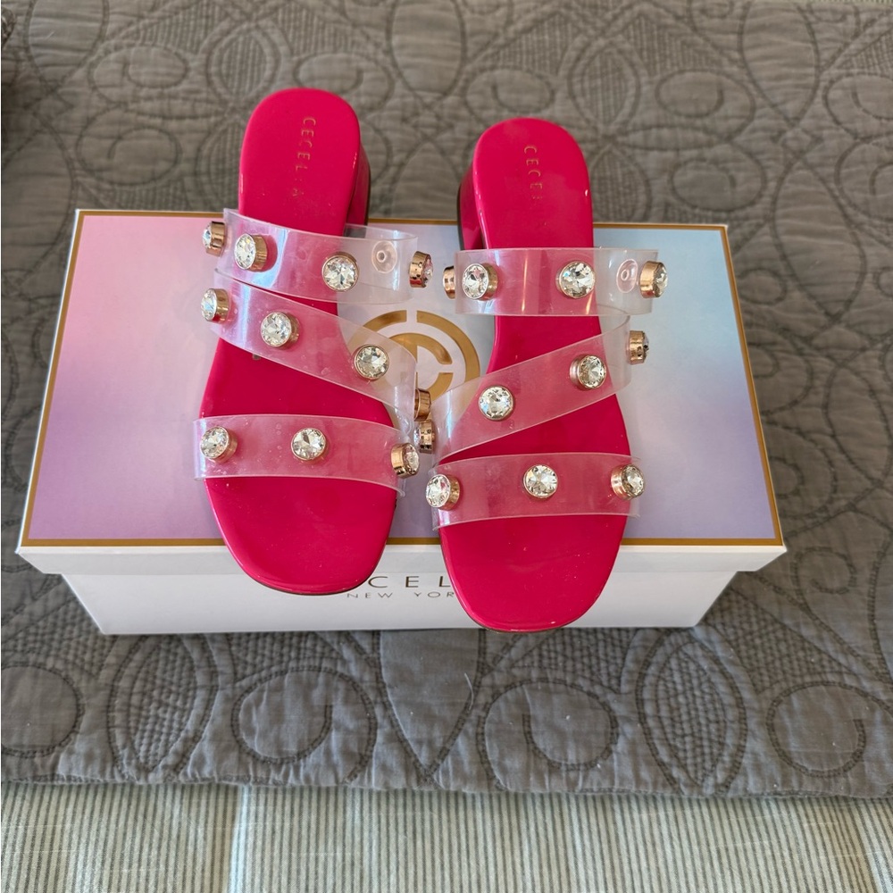 Cecelia New York Fuchsia Sandals with Clear Embellished Straps